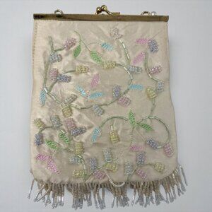 La Regale Ivory Pastel Floral Beaded Bridal Clutch Purse Fringe Evening Bag